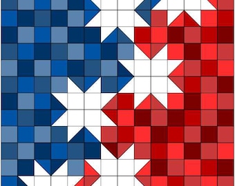 May include: A red, white, and blue quilt block with a star pattern. The block is made up of squares and triangles. The stars are white and the background is red, white, and blue.