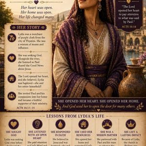 May include: A poster titled LYDIA WOMAN OF FAITH & GENEROSITY featuring a woman in a purple head covering and robe. The text includes HER STORY, LESSONS FROM LYDIA'S LIFE, and Bible verses like ACTS 16:14 and PSALM 119:18 on a parchment background.