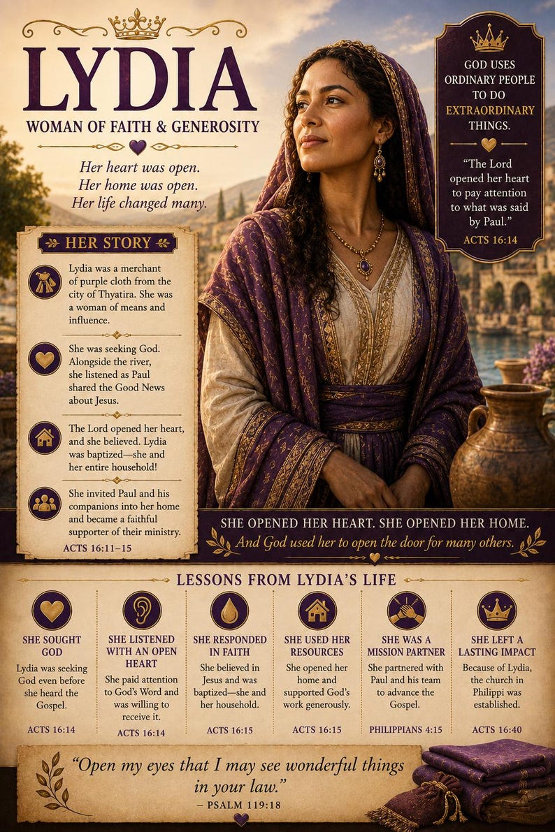 May include: A poster titled LYDIA WOMAN OF FAITH & GENEROSITY featuring a woman in a purple head covering and robe. The text includes HER STORY, LESSONS FROM LYDIA'S LIFE, and Bible verses like ACTS 16:14 and PSALM 119:18 on a parchment background.