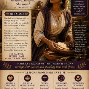 May include: A religious educational poster titled MARTHA WOMAN OF SERVICE & FAITH featuring a depiction of a person in historical attire holding a bowl of bread and grapes, surrounded by text boxes detailing biblical stories, lessons, and verses.