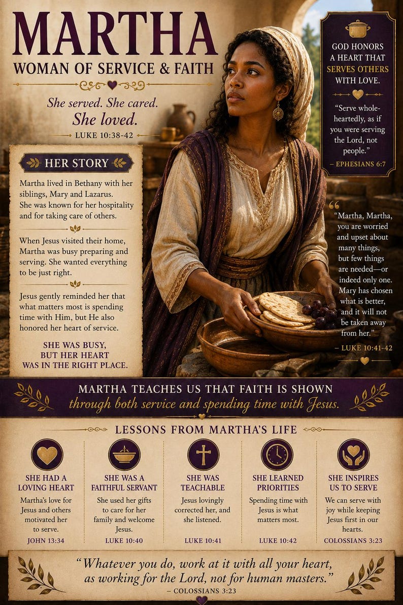 May include: A religious educational poster titled MARTHA WOMAN OF SERVICE & FAITH featuring a depiction of a person in historical attire holding a bowl of bread and grapes, surrounded by text boxes detailing biblical stories, lessons, and verses.