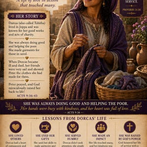 May include: A religious educational poster titled DORCAS WOMAN OF KINDNESS & SERVICE featuring a central illustration of a woman in a purple head covering sewing fabric, surrounded by text boxes detailing her story, biblical lessons, and verses.