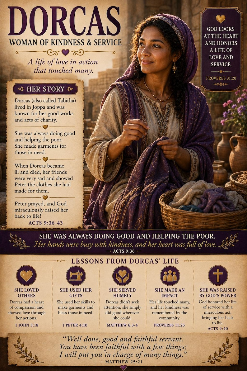 May include: A religious educational poster titled DORCAS WOMAN OF KINDNESS & SERVICE featuring a central illustration of a woman in a purple head covering sewing fabric, surrounded by text boxes detailing her story, biblical lessons, and verses.