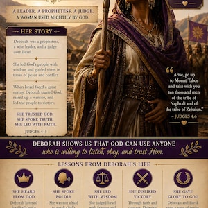 May include: A poster titled DEBORAH WOMAN OF WISDOM & COURAGE featuring a central illustration of a person in ancient attire holding a staff. The text includes her story, lessons from her life, and biblical quotes from Judges 4-5 in English.