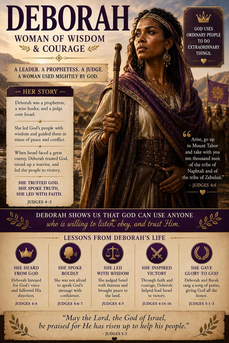 May include: A poster titled DEBORAH WOMAN OF WISDOM & COURAGE featuring a central illustration of a person in ancient attire holding a staff. The text includes her story, lessons from her life, and biblical quotes from Judges 4-5 in English.