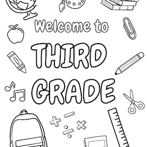 Può includere: Illustrazione in bianco e nero con elementi scolastici. Include un mappamondo, una mela, libri, una matita, uno zaino e il testo "Welcome to Third Grade".