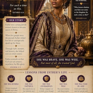 May include: A poster titled ESTHER WOMAN OF COURAGE & PURPOSE featuring a portrait of a queen in a purple and gold gown with a crown and jewelry. The text includes HER STORY, LESSONS FROM ESTHER'S LIFE, and various Bible verses from Esther.
