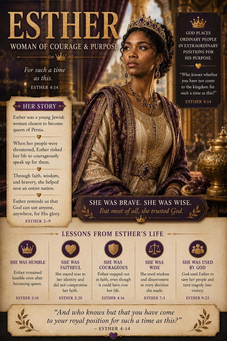 May include: A poster titled ESTHER WOMAN OF COURAGE & PURPOSE featuring a portrait of a queen in a purple and gold gown with a crown and jewelry. The text includes HER STORY, LESSONS FROM ESTHER'S LIFE, and various Bible verses from Esther.