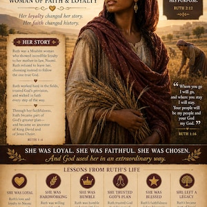 May include: A poster titled RUTH WOMAN OF FAITH & LOYALTY featuring a portrait of a woman in a brown head covering holding wheat. The text includes her story, lessons from her life, and biblical quotes like Ruth 1:16 and Proverbs 31:30.