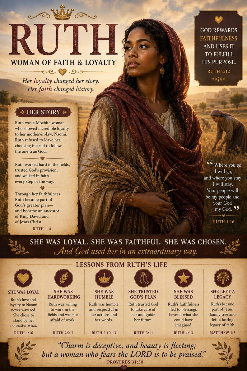 May include: A poster titled RUTH WOMAN OF FAITH & LOYALTY featuring a portrait of a woman in a brown head covering holding wheat. The text includes her story, lessons from her life, and biblical quotes like Ruth 1:16 and Proverbs 31:30.