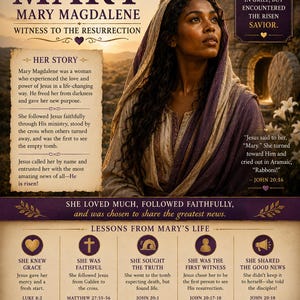 May include: A poster titled MARY MARY MAGDALENE WITNESS TO THE RESURRECTION featuring a woman with dark hair wearing a purple head covering. The text includes her story, lessons from her life, and biblical quotes set against a sunset background.