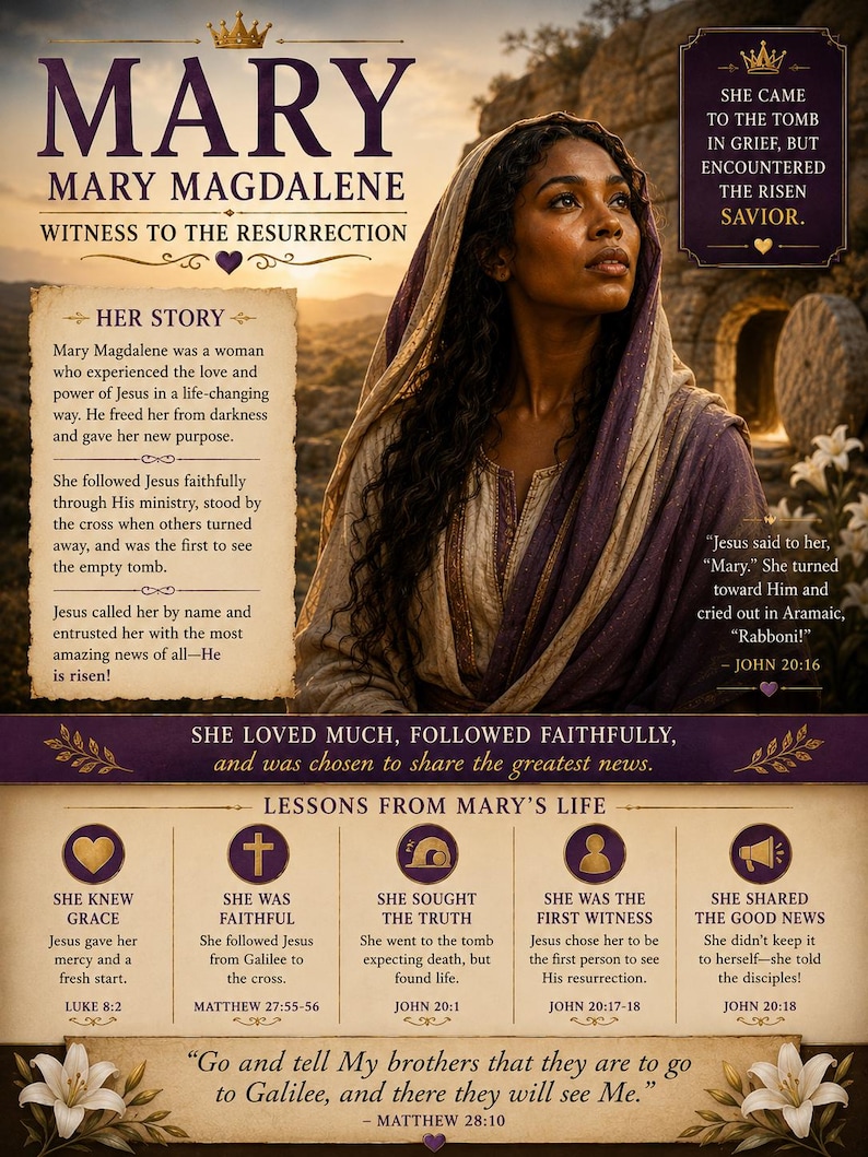 May include: A poster titled MARY MARY MAGDALENE WITNESS TO THE RESURRECTION featuring a woman with dark hair wearing a purple head covering. The text includes her story, lessons from her life, and biblical quotes set against a sunset background.