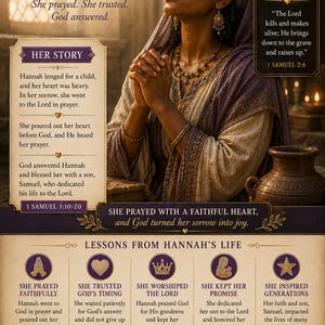 May include: A poster titled HANNAH WOMAN OF PRAYER & FAITH featuring a woman with dark skin and a purple head covering, hands clasped in prayer. The text includes her story, lessons from her life, and biblical verses like 1 Samuel 1:10-20.