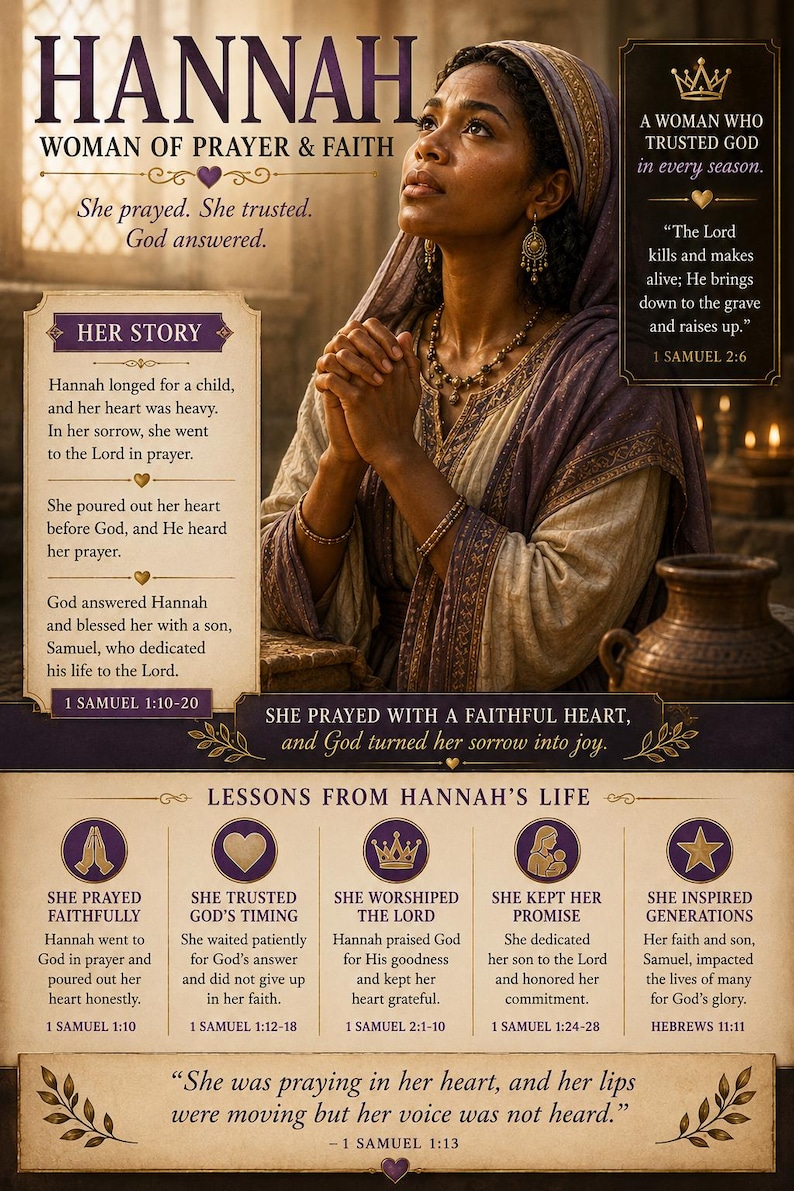 May include: A poster titled HANNAH WOMAN OF PRAYER & FAITH featuring a woman with dark skin and a purple head covering, hands clasped in prayer. The text includes her story, lessons from her life, and biblical verses like 1 Samuel 1:10-20.