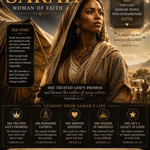 May include: A poster titled SARAH WOMAN OF FAITH featuring a portrait of a woman in a headscarf and layered necklaces. The text includes HER STORY, GOD USES ORDINARY PEOPLE WITH EXTRAORDINARY FAITH, and LESSONS FROM SARAH'S LIFE with biblical verses.