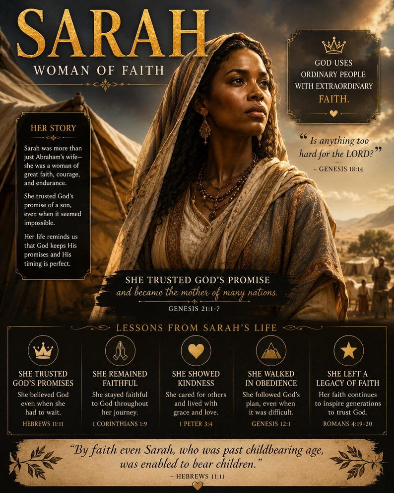 May include: A poster titled SARAH WOMAN OF FAITH featuring a portrait of a woman in a headscarf and layered necklaces. The text includes HER STORY, GOD USES ORDINARY PEOPLE WITH EXTRAORDINARY FAITH, and LESSONS FROM SARAH'S LIFE with biblical verses.