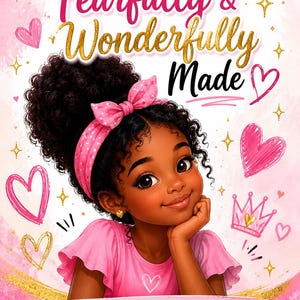 May include: A digital illustration of a young child with dark curly hair in a high bun, wearing a pink headband and shirt. The text reads I Am Fearfully & Wonderfully Made and I praise You because I am fearfully and wonderfully made. Psalm 139:14.