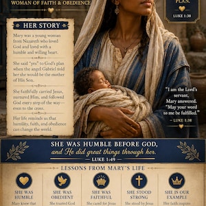 May include: A religious poster titled MARY MOTHER OF JESUS, featuring a woman in a blue and beige head covering holding a baby. The poster includes text sections titled HER STORY and LESSONS FROM MARY'S LIFE, with various Bible verses and icons.