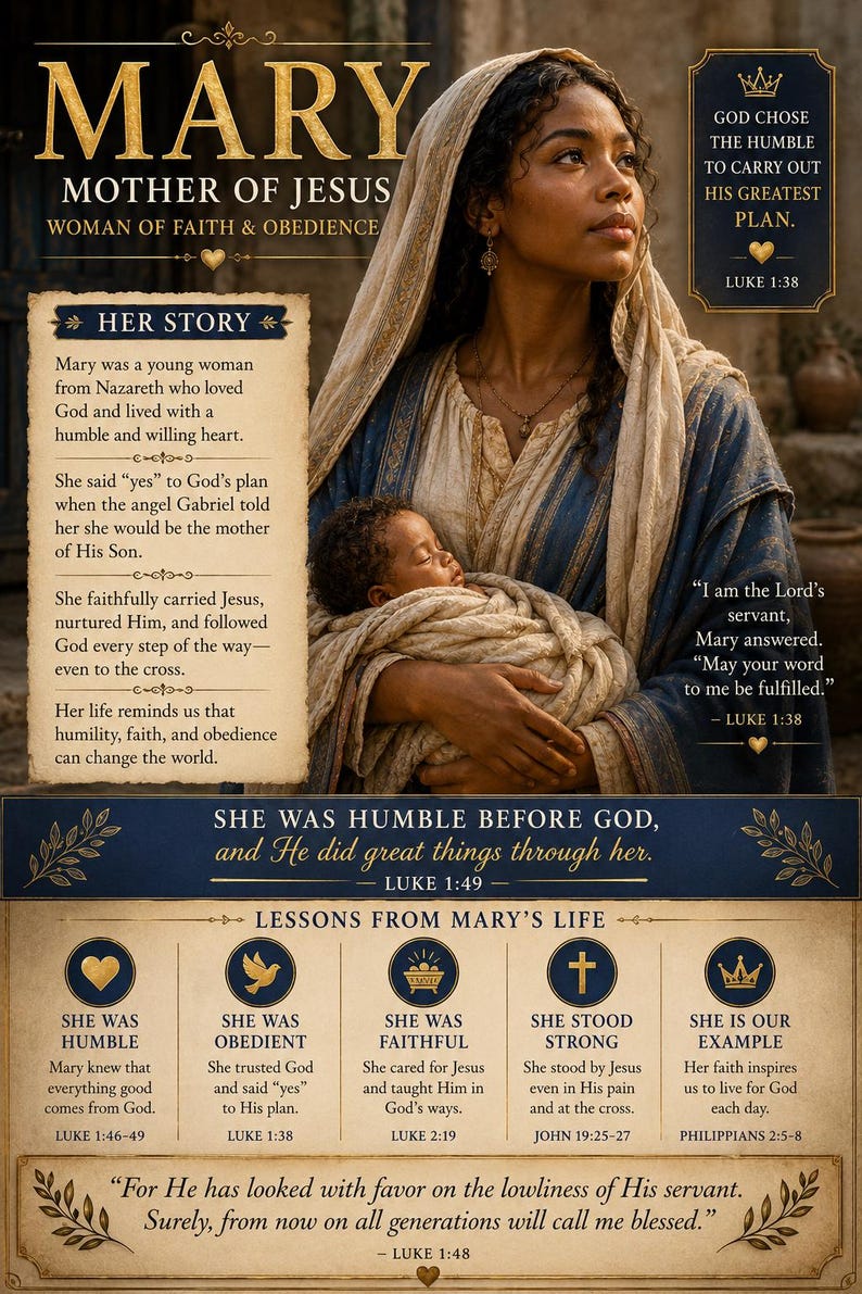 May include: A religious poster titled MARY MOTHER OF JESUS, featuring a woman in a blue and beige head covering holding a baby. The poster includes text sections titled HER STORY and LESSONS FROM MARY'S LIFE, with various Bible verses and icons.