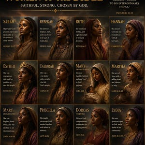 May include: A poster titled WOMEN OF THE BIBLE featuring twelve portraits of women with descriptive text and scripture references. The layout includes names like Sarah, Rebekah, Ruth, Hannah, Esther, Deborah, Mary, Martha, Priscilla, Dorcas, and Lydia.