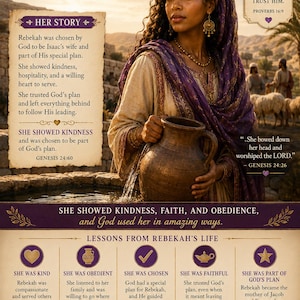 May include: A poster titled REBEKAH WOMAN OF FAITH & KINDNESS featuring a woman in a purple headscarf holding a brown clay water jug. The text includes her story, lessons from her life, and biblical verses like Proverbs 16:9 and 31:30.