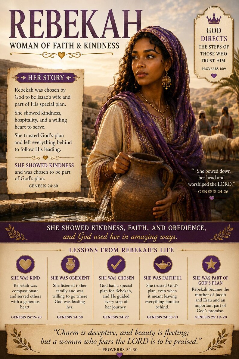 May include: A poster titled REBEKAH WOMAN OF FAITH & KINDNESS featuring a woman in a purple headscarf holding a brown clay water jug. The text includes her story, lessons from her life, and biblical verses like Proverbs 16:9 and 31:30.