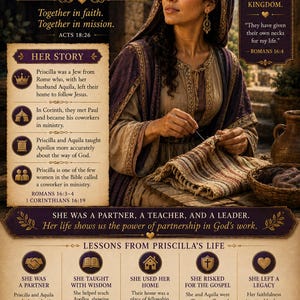 May include: An educational poster titled PRISCILLA WOMAN OF PARTNERSHIP & PURPOSE featuring a central illustration of a person sewing fabric. The text includes HER STORY, LESSONS FROM PRISCILLA'S LIFE, and various Bible verses like ACTS 18:26 and ROMANS 16:4.
