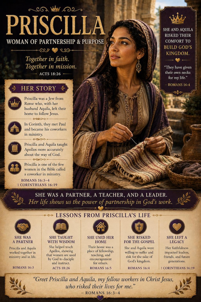 May include: An educational poster titled PRISCILLA WOMAN OF PARTNERSHIP & PURPOSE featuring a central illustration of a person sewing fabric. The text includes HER STORY, LESSONS FROM PRISCILLA'S LIFE, and various Bible verses like ACTS 18:26 and ROMANS 16:4.