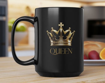 Regalo para ella, regalo para el hogar, taza de café negra Queen, diseño de corona dorada, taza de cerámica de lujo (15 oz)