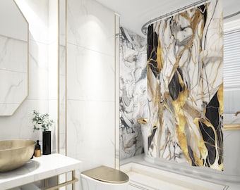 彼女へのギフト、彼へのギフト、ご自宅へのギフト、ブラック＆ゴールドのカルカッタ大理石のシャワーカーテン、豪華なバスルーム装飾