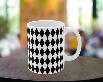 Regalo para ella, Regalo para él, Regalo para el hogar, Taza de arlequín blanco y negro, Taza de café de cerámica de lujo (325 ml)
