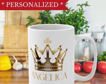 彼女へのギフト、彼へのギフト、自宅へのギフト、パーソナライズされたクイーンセラミックマグ、王冠デザイン、彼女へのギフト