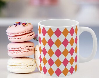 彼女へのギフト、彼へのギフト、ご自宅用ギフト、ピンクオレンジのハーレクインマグ、モダンなセラミックコーヒーカップ、11オンス