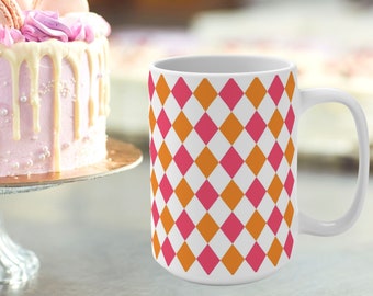 彼女へのギフト、彼へのギフト、ご自宅用ギフト、ピンクオレンジのハーレクインマグ、15オンスセラミックコーヒーマグ