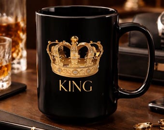 彼へのマグカップギフト、ご自宅用ギフト、キングブラックセラミックマグ、リーガルクラウンデザイン、彼へのギフト