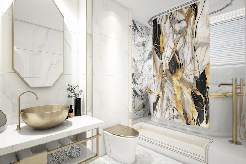 Black and Gold Shower Curtains, Bath Curtain, Gift for Home Decor