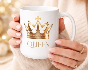 クイーンマグ 15オンス、ゴールドクラウンコーヒーマグ、彼女へのギフト、クイーンカップ、お母さんへのギフト、奥様へのマグ、母の日ギフト、かわいいコーヒーマグ