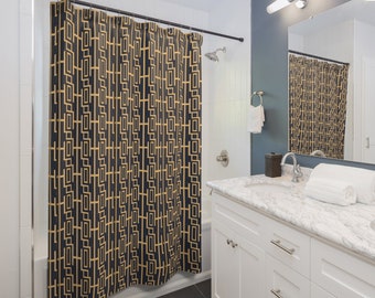 Regalo para ella, Regalo para él, Regalo para el hogar, Cortina de ducha geométrica azul marino y dorada, Decoración moderna para el baño
