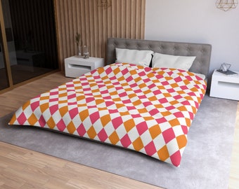 彼女へのギフト、彼へのギフト、ご自宅用ギフト、ピンクオレンジチェック柄布団カバー、ソフトマイクロファイバー寝具