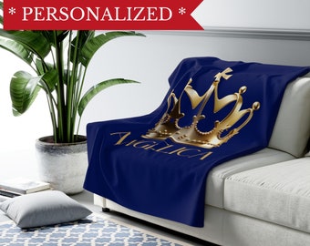 彼女へのカスタムブランケットギフト、ご自宅用ギフト、ネイビーのパーソナライズシェルパフリーススローブランケット、50x60