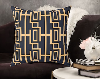 彼女へのギフト、彼へのギフト、ご自宅へのギフト、ネイビーゴールドの幾何学模様のクッション、モダンな室内装飾