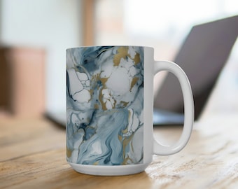 Gift for Her, Gift for Him, Gift for Home, Blue Marble Ceramic Coffee Mug, Luxury Design, 15 oz