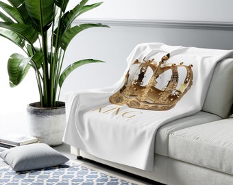 Decor Gift for Him, Gift for Home, White King Crown Fleece Throw Blanket, Sherpa Backing (50x60), Royal Theme Home Decor