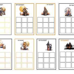 Puede incluir: Ocho rastreadores de presupuesto de Halloween imprimibles con diferentes ilustraciones de casas embrujadas. Cada rastreador tiene el título "DIY Budget" y una cuadrícula de nueve cuadrados para presupuestar.