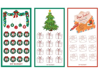 May include: Three printable Christmas budget trackers with a green, red, and white color scheme. The first tracker features a wreath with ornaments and the text "DIY Budget". The second tracker features a Christmas tree with the text "DIY Budget". The third tracker features a red envelope with the text "Dear Santa!" and the text "DIY Budget".