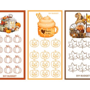 May include: Three printable DIY budget trackers with an autumn theme. The first tracker features a lantern and pumpkins, the second features a pumpkin spice latte, and the third features a gnome with a pumpkin. Each tracker has 12 spaces to fill in with a budget amount.