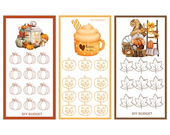 May include: Three printable DIY budget trackers with an autumn theme. The first tracker features a lantern and pumpkins, the second features a pumpkin spice latte, and the third features a gnome with a pumpkin. Each tracker has 12 spaces to fill in with a budget amount.