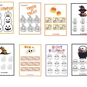 May include: A printable Halloween budget planner with different categories including "Trick or Treat", "Happy Halloween", "Halloween", and "Win". Each category has a black and white illustration and a grid of squares for budgeting.