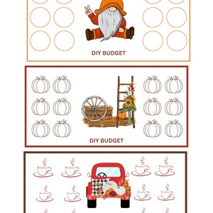 May include: Three printable DIY budget trackers with autumn themes. The first tracker features a gnome, the second features pumpkins and a ladder, and the third features a red truck with coffee cups.