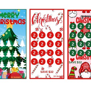 Pode incluir: Três cartões de bingo de Natal imprimíveis em vermelho, branco e verde. O primeiro cartão apresenta uma árvore de Natal com círculos brancos para os marcadores de bingo. O segundo cartão apresenta bengalas de doces e círculos vermelhos para os marcadores de bingo. O terceiro cartão apresenta um gnomo e círculos verdes para os marcadores de bingo. Cada cartão tem o texto "Poupe 26 €" e "Orçamento DIY".